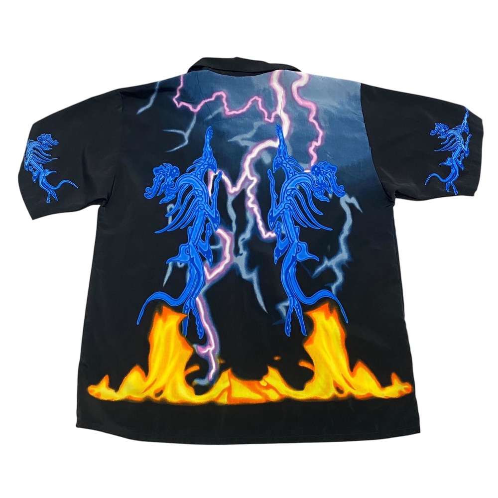 Y2K 725 Blue Dragon Flame Button Up Shirt - Picture 4 of 4
